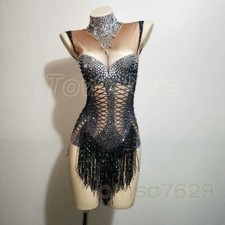 Women Bling Rhinestones Fringes Bodysuit Dance Costume Stage Performance Wear