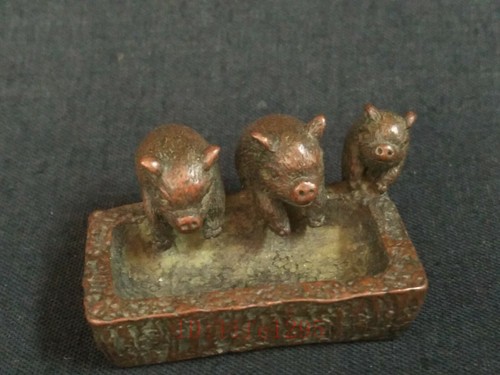 Collected Chinese Bronze Carving Lovely Pig Feed Statue Paperweight Decoration - Picture 2 of 8
