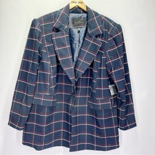 Eloquii Size 16 Long Strong Shoulder Blazer Navy Plaid Suit Jacket One Button