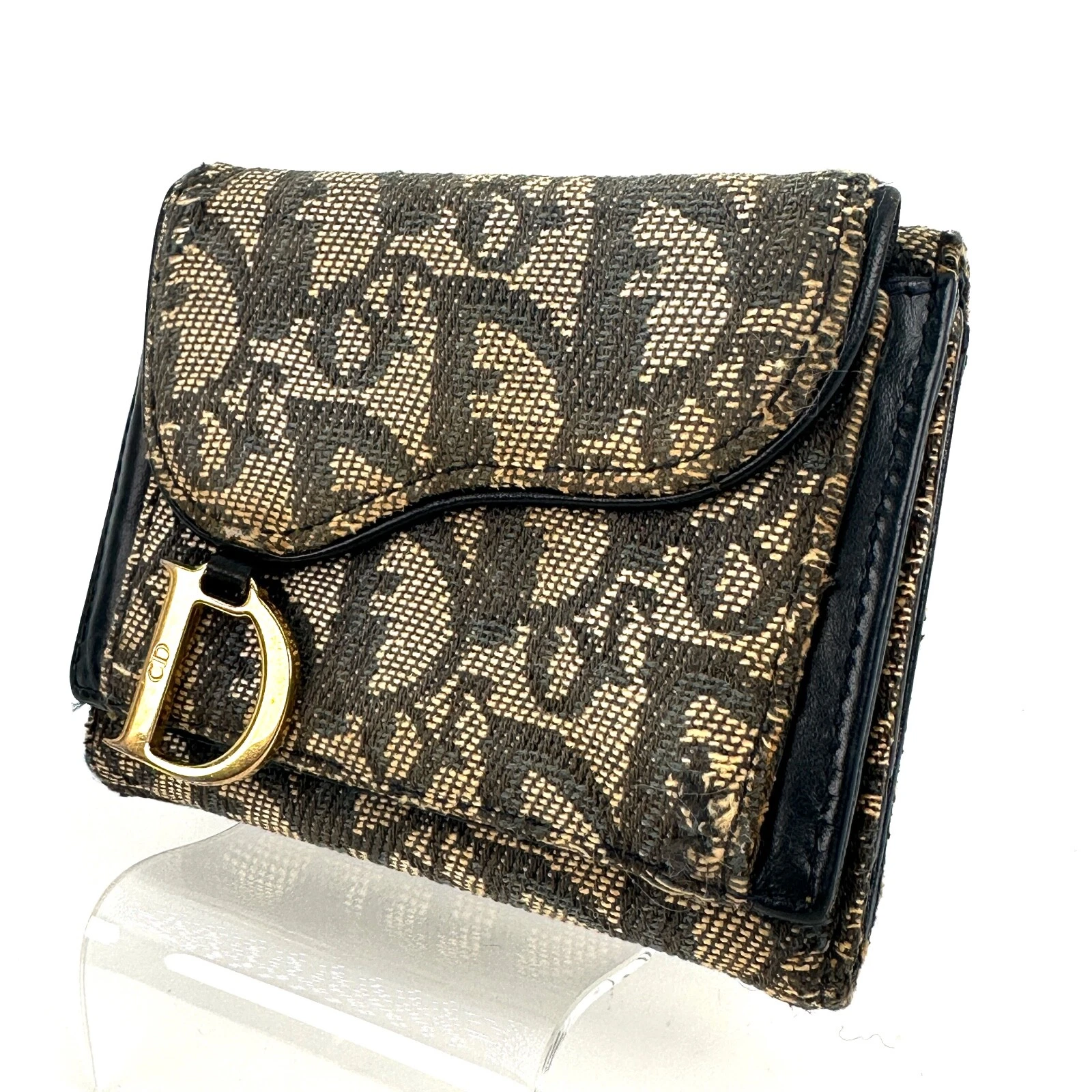 Christian Dior Petit Portefeuille Triple Toile Noire Selle Trotteur Auth #261