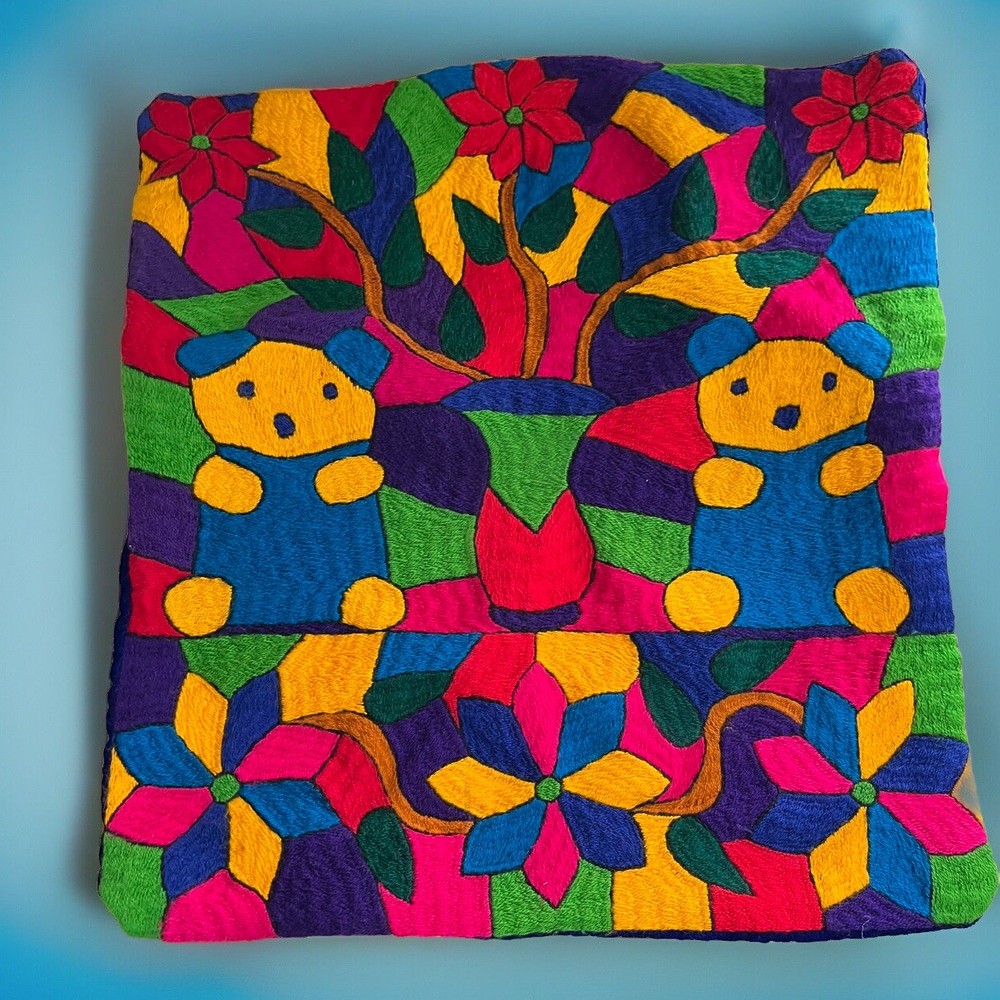Colorful Handmade Pillowcase Flowers Bears Zippered 15x16”
