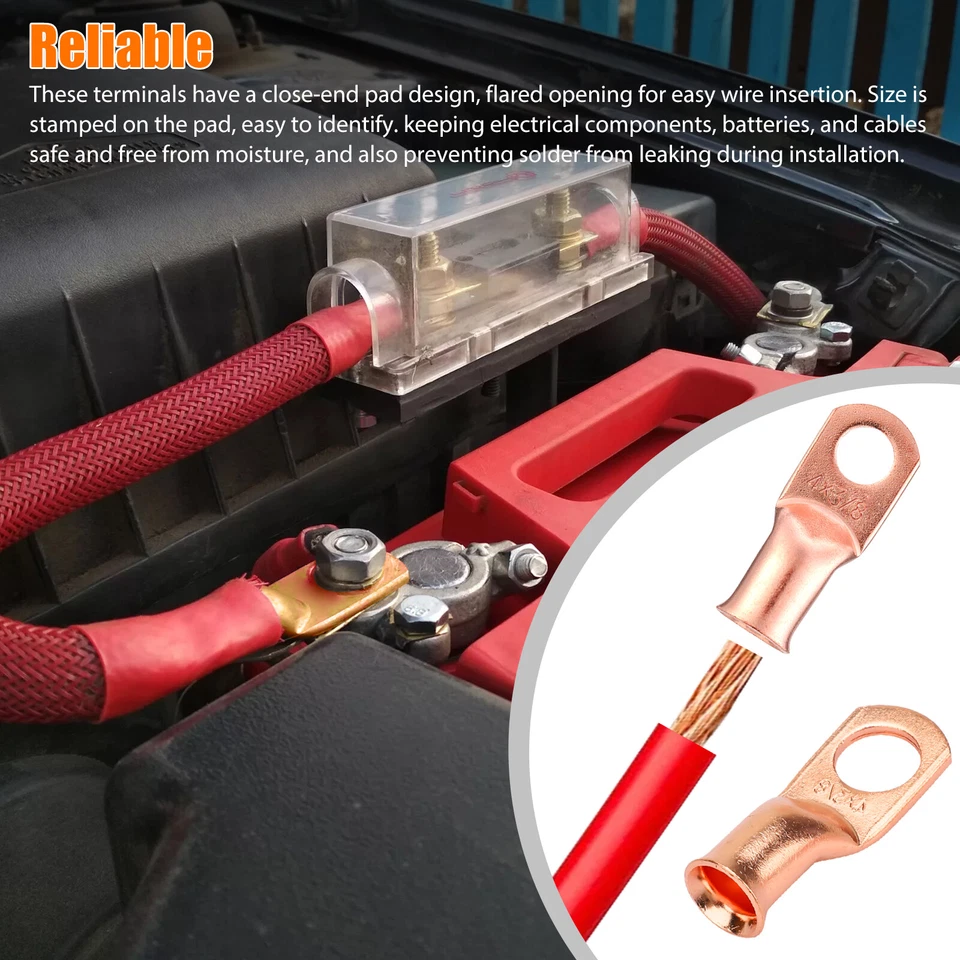 20pcs 4 AWG Gauge Copper Lugs w/ BLACK & RED Heat Shrink End Ring Terminals Wire - Image 3 of 4