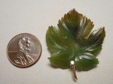 Signed Birks 14K Gold Carved Spinach Green Maple Leaf w Diamond Brooch Canada