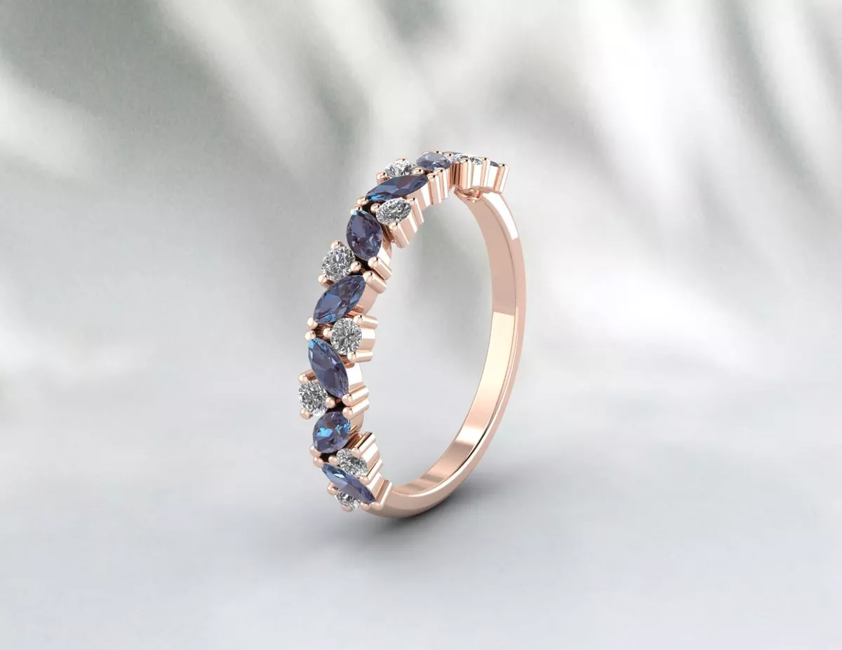 Natural Marquise Alexandrite Wedding Band Half Eternity 925 Silver