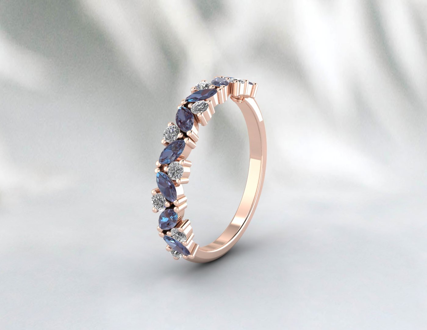 Natural Marquise Alexandrite Wedding Band Half Eternity 925 Silver Birthstone-image