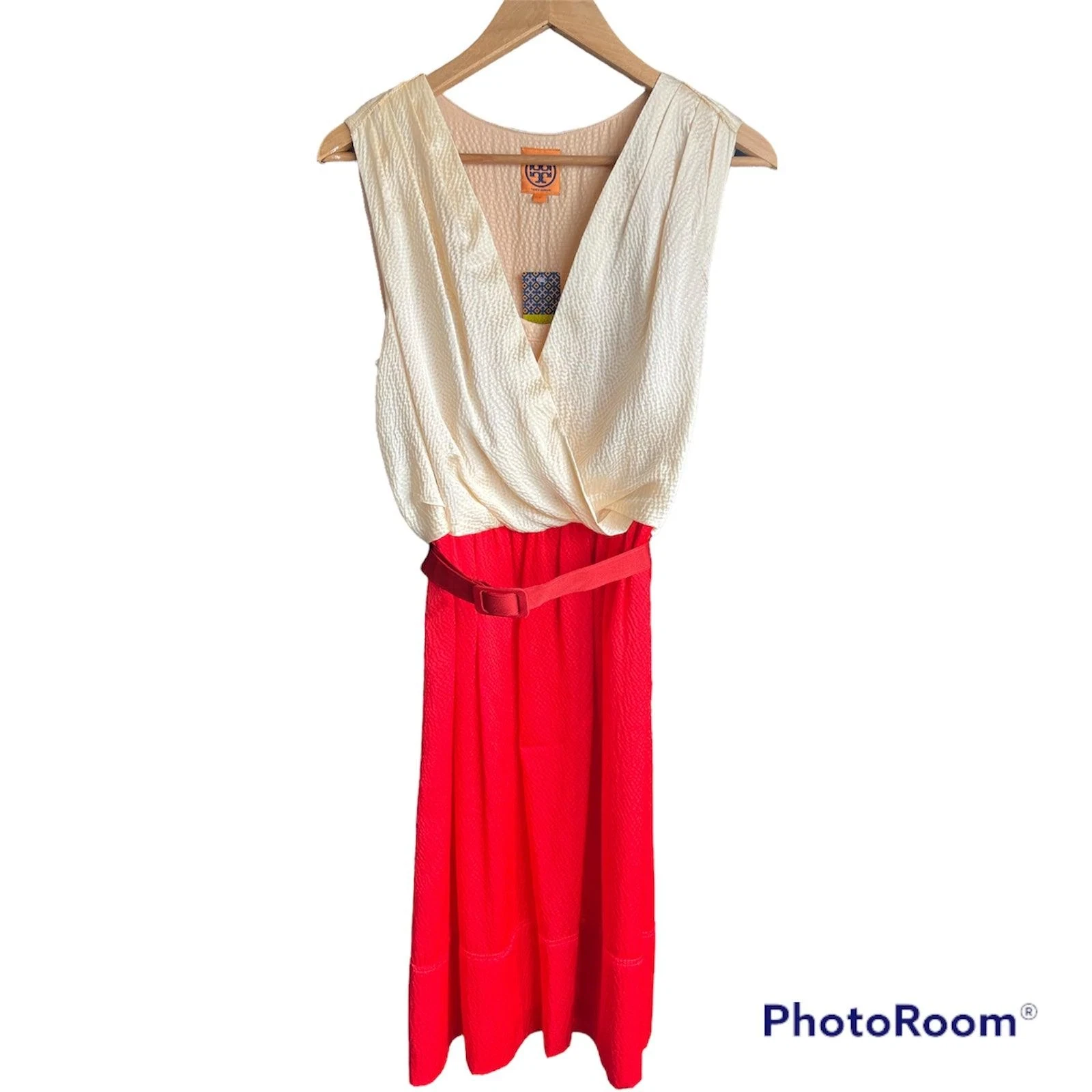 Abito a maniche corte Tory Burch rosso seta e crema con cintura noi taglia 6 UK taglia 10