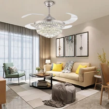 42" Crystal LED Ceiling Fan Light w/Remote 3-Speed Invisible Fan Chandelier Lamp