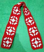 Crochet Granny Square Red & White  Scarf Valentine Handmade Vintage Boho New🍬