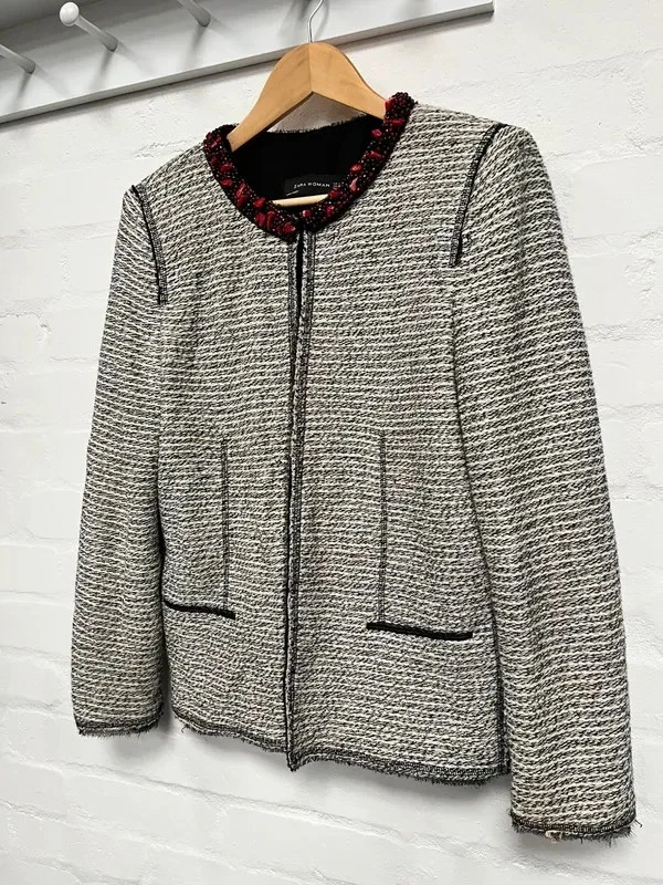 Zara Bouclé Tweed Sakko XL Bead-Dekor Anlass Smart Grau Blazer - Bild 2 von 4