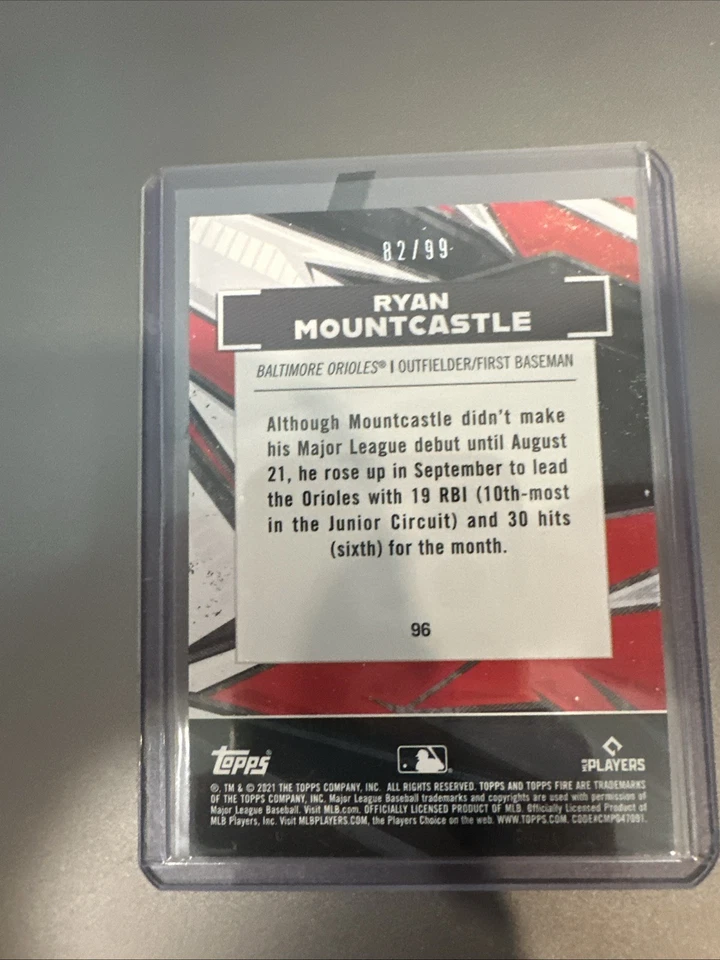 RYAN MOUNTCASTLE 2021 Topps Fire #96 Purple Rookie RC #82/99 Baltimore Orioles - Image 2 of 3