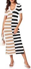 Mismatched Stripe Ribbed Knit Short Sleeve Midi Scoop Sweater Dress M new