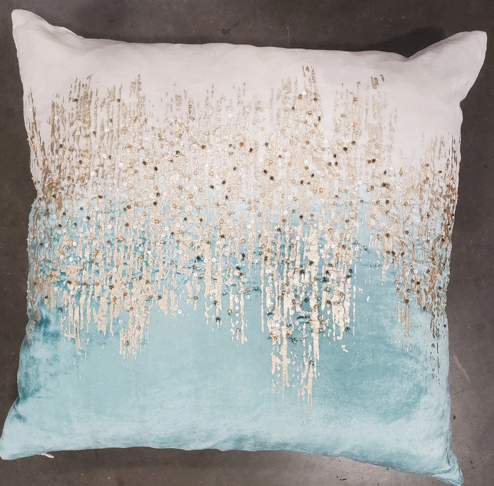 Z Gallerie Joie De Vivre Pillow Sham Cover Only 22"x22" Aqua Ombre Sequin Beaded - Image 3 of 4