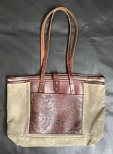Oberon Design Cloud Dragon Everyday Tote Canvas Dark Olive Wine Leather Handbag