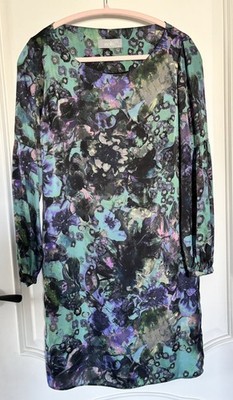 Wallis Shift Dress Satin Blue Turquoise Purple Floral Size 8 Cottagecore Tunic