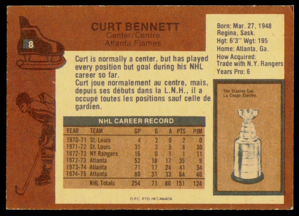 1975-76 O-Pee-Chee Curt Bennett 8 Atlanta Flames - Image 2 of 2
