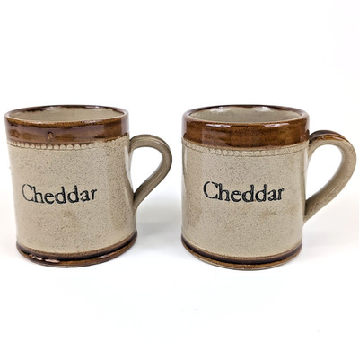 Two VTG Stoneware CHEDDAR Mugs England Moira Pottery Antique Cheese Felt Glaze