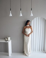 White Strapless Sheath Wedding Dresses Flower Beading Sequins Anke length