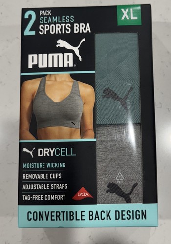Puma Women's Seamless Sports Bra 2 Pack, Green/Grey, Size XL