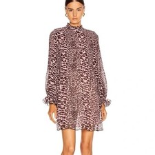 Ganni Georgette Dress Pink Brown Leopard Print EU 36 / US 4 Flowy Ruffle Cuff