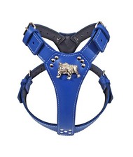 Unique Royal Blue Leather Dog Harness Large with English Bulldog Badge