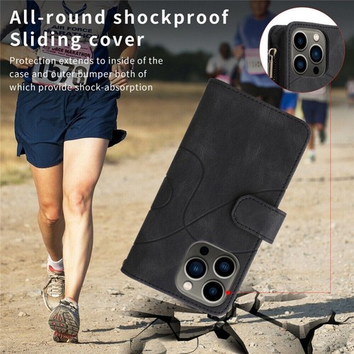 For iPhone 16e 16 15 14 13 12 11 Pro Max Plus Leather Zip Wallet Case Flip Cover - Picture 26 of 79