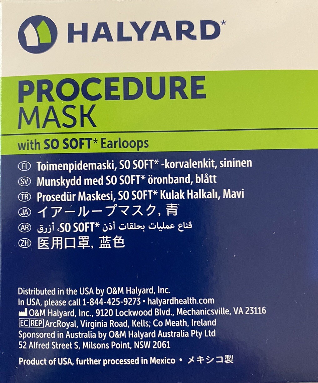 50 New Halyard Surgical Procedure Masks Blue 47081 Earloop Made in USA