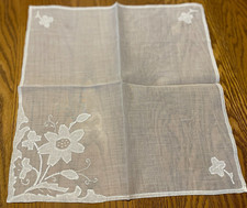 Vintage Fine Linen Hand Embroidery Applique White Wedding Bride's Handkerchief