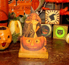 Halloween Witch w/Spoon Jack O Lantern Dummy Board Vtg Style Sign Made in USA