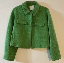 Mango MNG Woman Pockets Detailed Cropped Tweeted Jacket With Snaps Bright Green