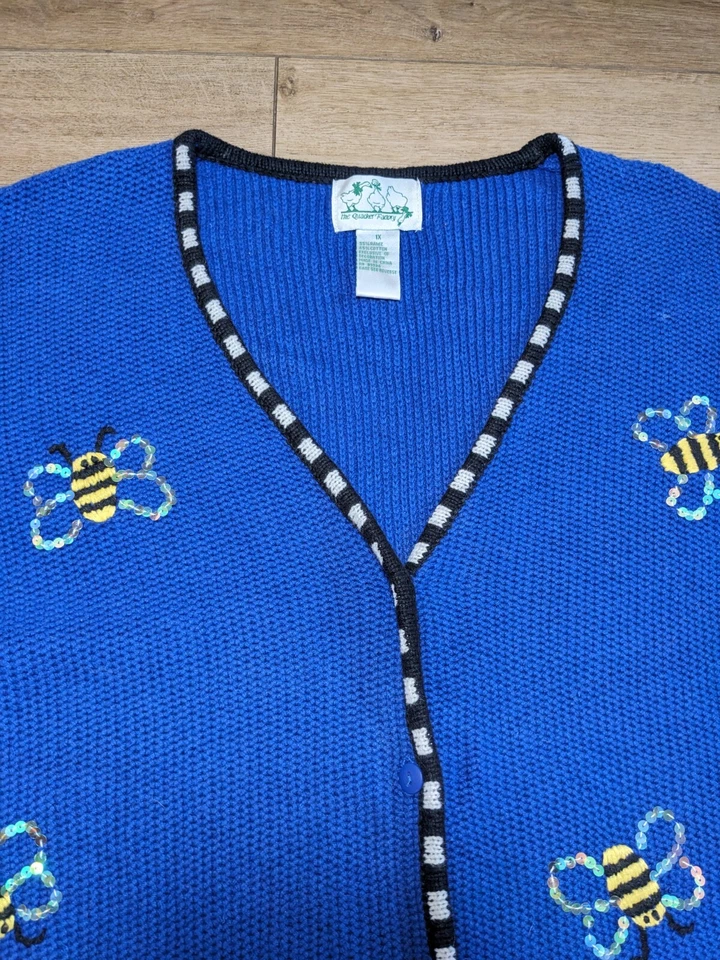 Vintage Quacker Factory Blue Floral Bumble Bee Button Up Cardigan Sweater Sz 1X - Image 2 of 4