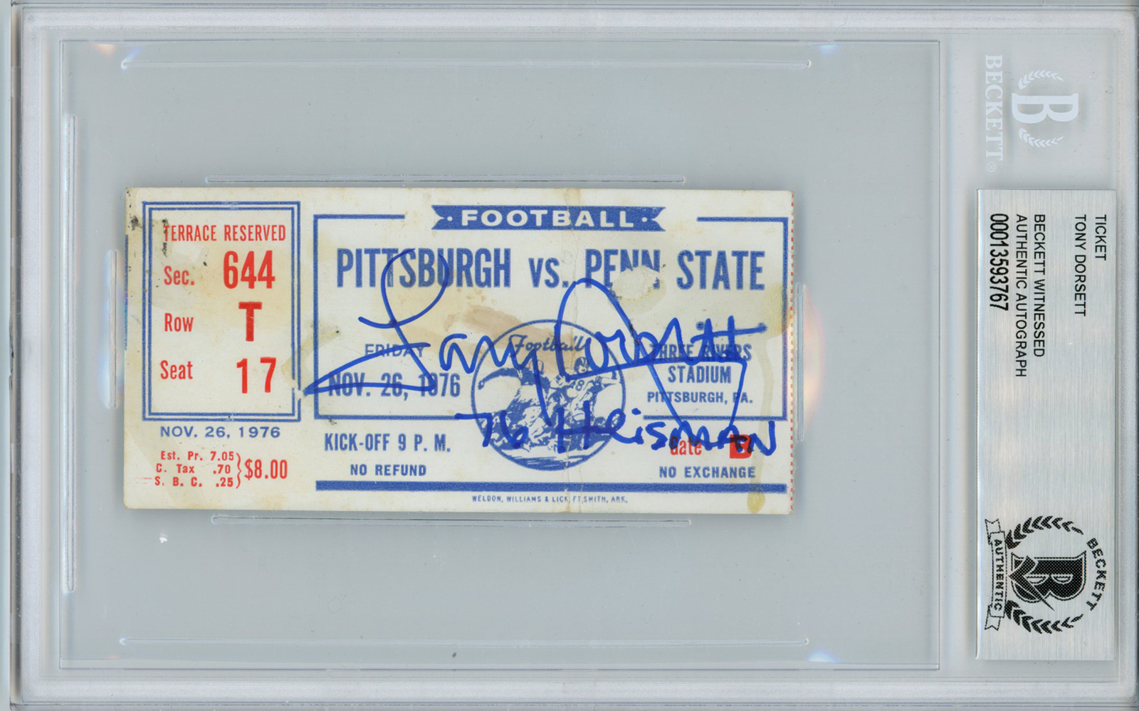 Tony Dorsett Autographed Signed Cowboys 11/26/1976 Ticket Stub Heisman 76 Beckett Slab 34998 