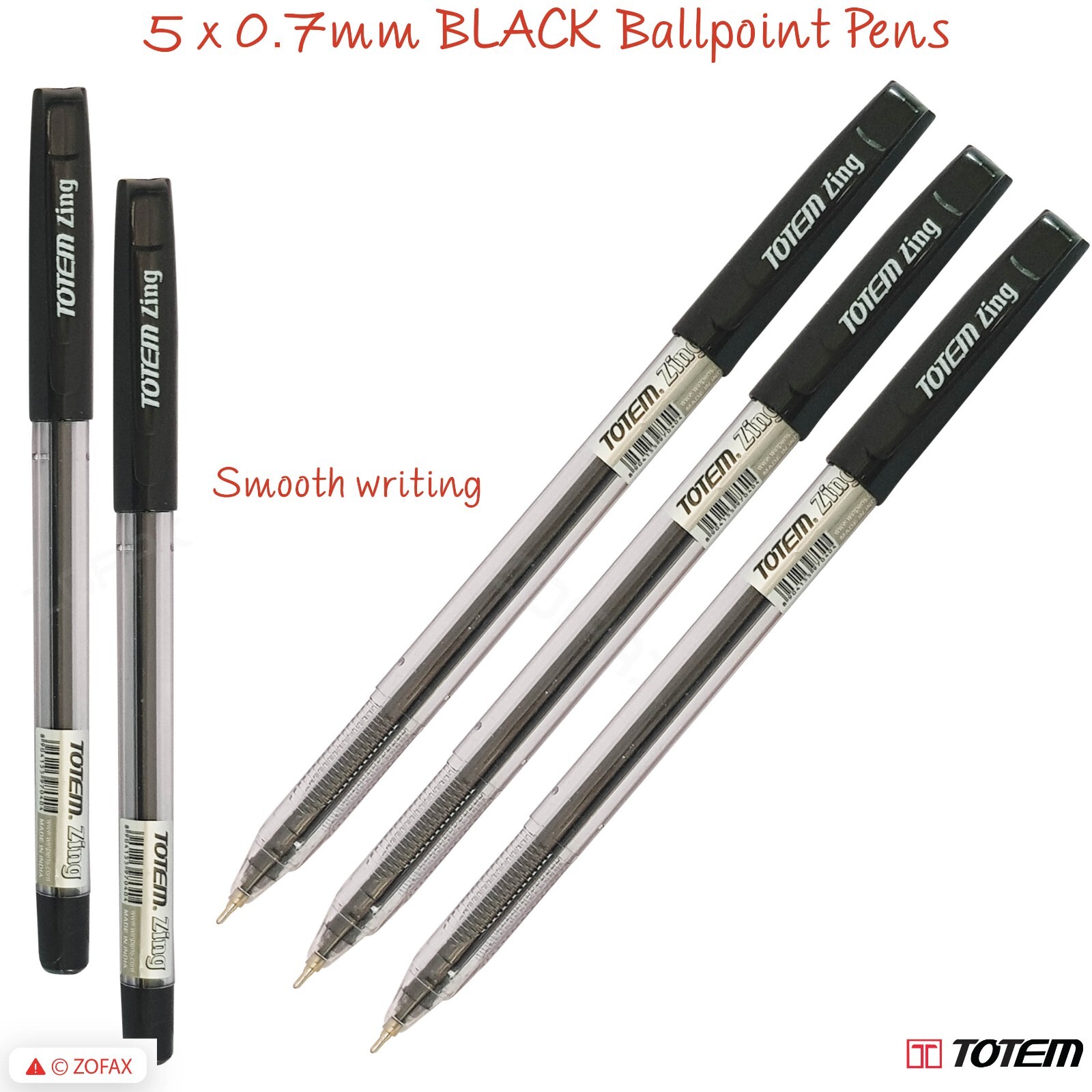 5 x 0.7mm Ball Pens TOTEM Zing BLACK Ballpoint Pens Comfort Grip Smooth