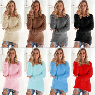 Damen Langarm Winter Strickpullover Pulli Longtop Pullover Teddyfell Oberteilen