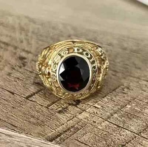 Authentic 3Ct Oval Lab-Created Red Garnet 14K Yellow Gold Plated West Point Military Ring