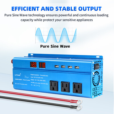 Pure Sine Wave Power Inverter DC 12V to AC 120V 4USB 3AC 1200W 2400W Converter