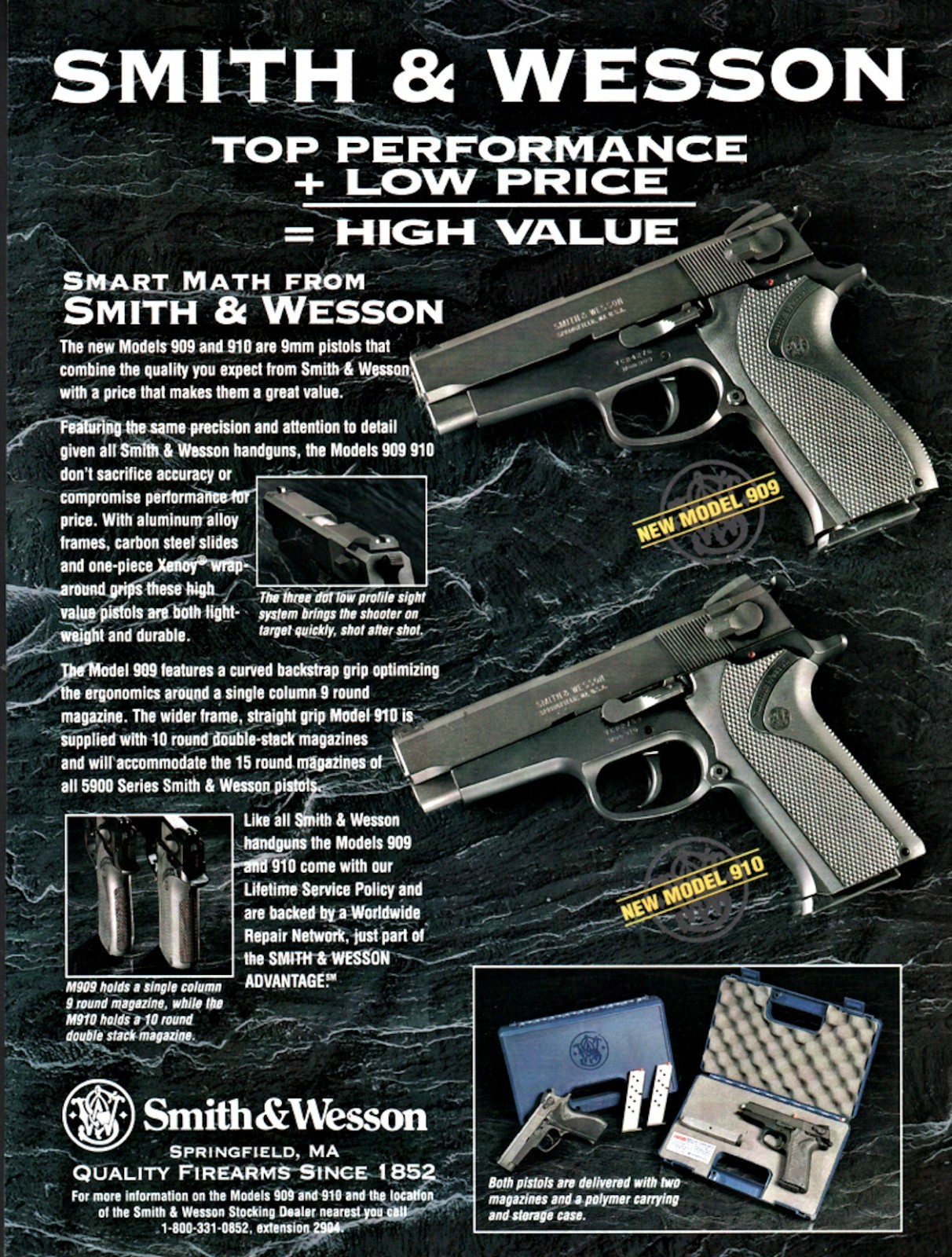 1995 SMITH & WESSON 909 and 910 Pistol Catalog Insert AD on very heavy