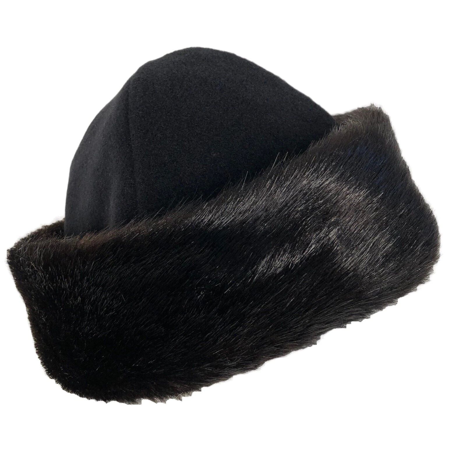 Neckworks Black Fleece Hat With Black Chocolate Mink Faux Fur Trim