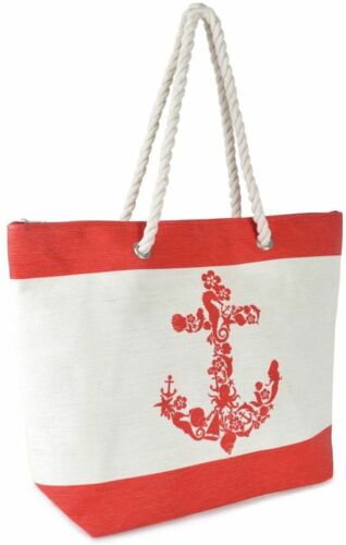 Grand sac fourre-tout en toile rouge crème coquilles nautiques ancre corde poignée plage sac acheteur - Photo 1/1
