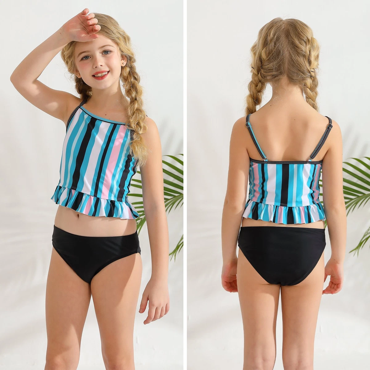 2Pcs Teen Girls Padded Swimsuit Set Leeveless Ruffled Bathing Suits Swimwear