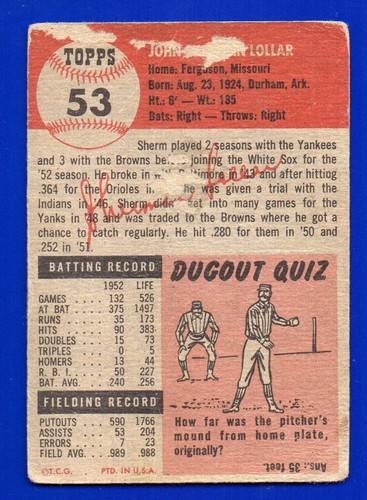 SHERMAN LOLLAR white sox 1953 TOPPS #53 - Picture 2 of 2
