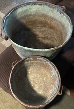 2 XtraLarge Antique Primitive Copper Apple Butter Cauldrons Wrought Iron Handles