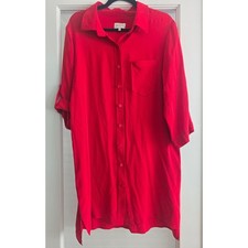 Milly Red Roll Tab Sleeve Button Down Shirt Dress Large Made in USA 100% Silk