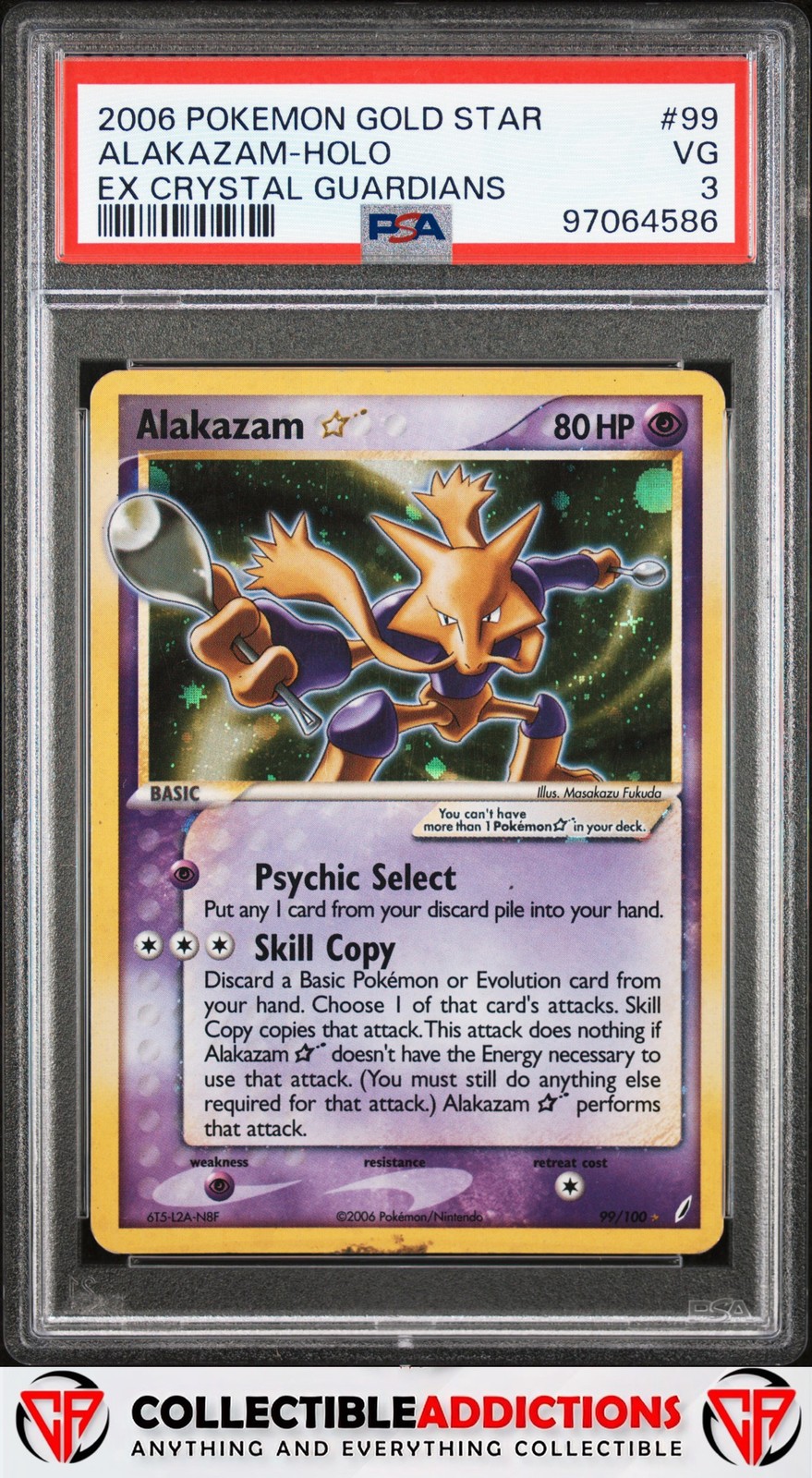 2006 Pokemon Ex Crystal Guardians #99 Alakazam Gold Star Holo  PSA 3