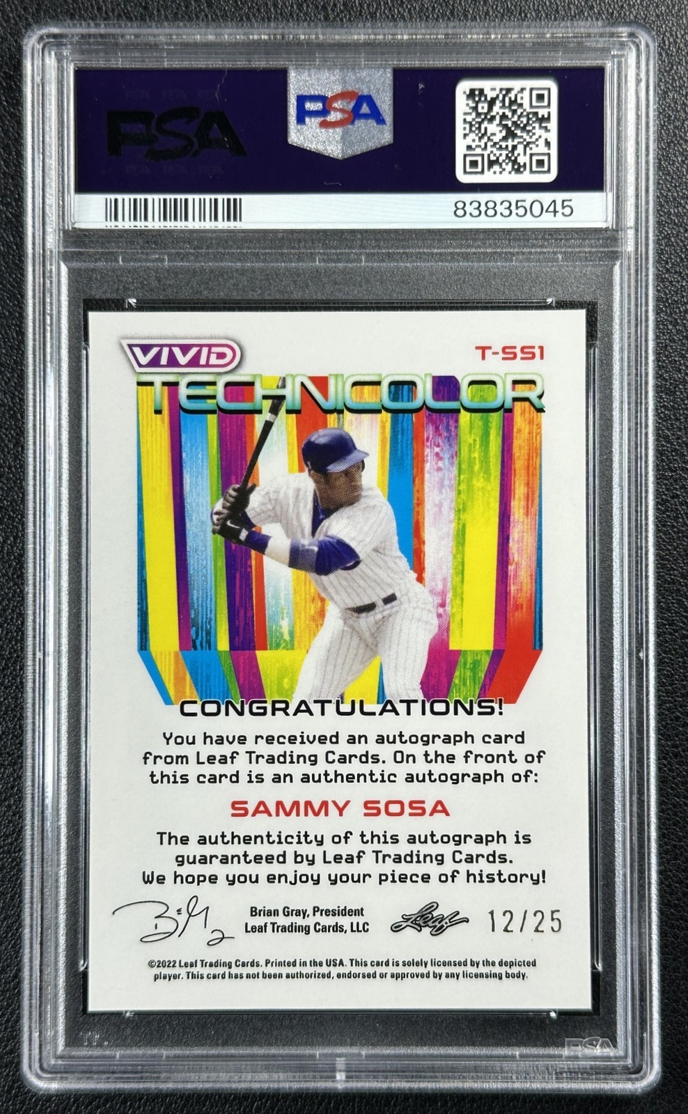 SAMMY SOSA PSA 8 2022 LEAF VIVID #T-SS1 TECHNICOLOR AUTO 12/25 WHITE 5045 view 2