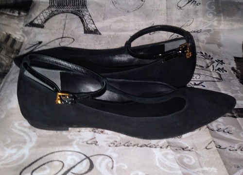 TORY BURCH Ashton T-Strap Flats Pointed Toe Blk Kid Suede/Patent Leather Shoes❤️ - Picture 3 of 24
