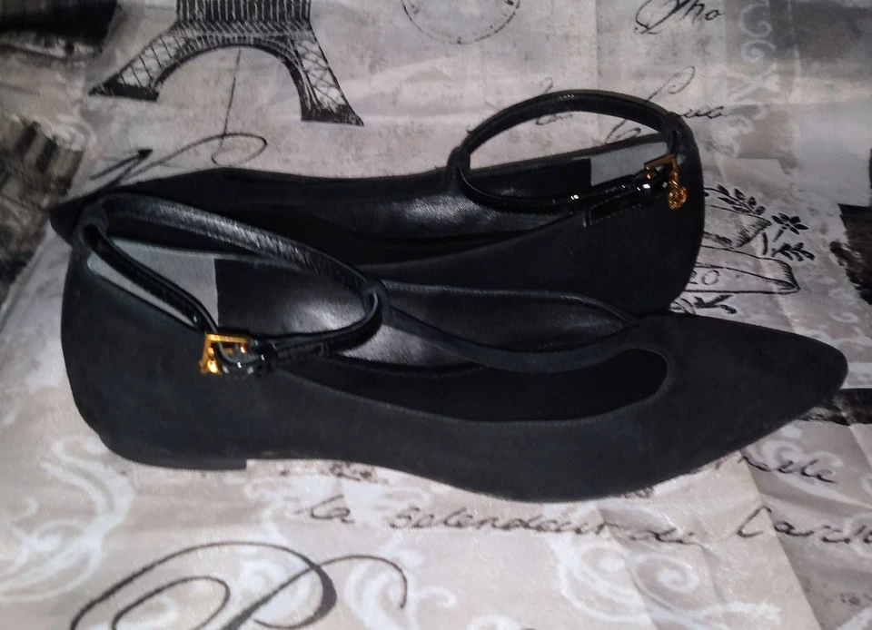 Zapatos TORY BURCH Ashton Correa en T Planos Punta en Punta Negros Niños Gamuza/Patente Cuero❤️ Foto 3 de 4