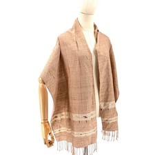 Beige 100 Silk Tribal Woven Raw Texture Fringe Wrap Scarf