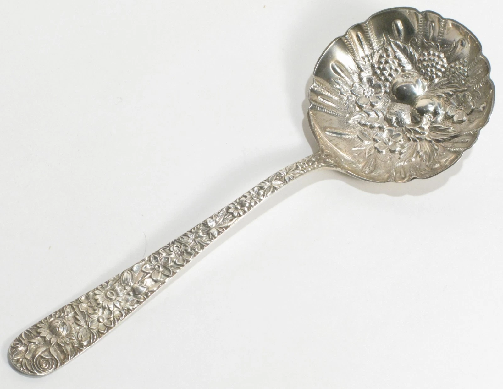 S. Kirk & Son Sterling Silver Repousse Serving Spoon Fruit Grapes Floral 7.5"