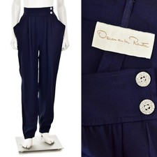 Vtg Oscar De La Renta Navy High Waist Pleated Silk Pants w/ Crystal Buttons sz 6