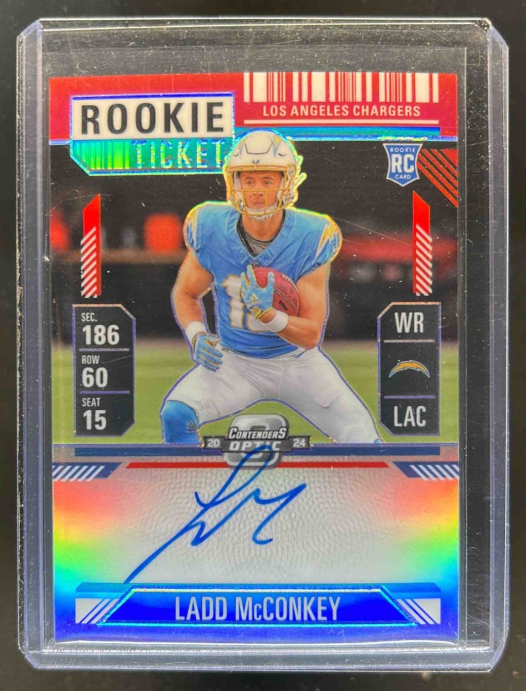 2024 Contenders Optic Ladd McConkey Rookie Ticket RPS Auto RC Red Prizm #174/175